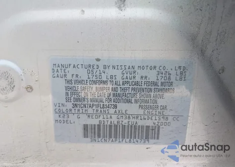 2015 Nissan Versa 1.6 S/1.6 S+/1.6 Sl/1.6 Sv из США, поврежденный, VIN 3N1CN7AP1FL814739